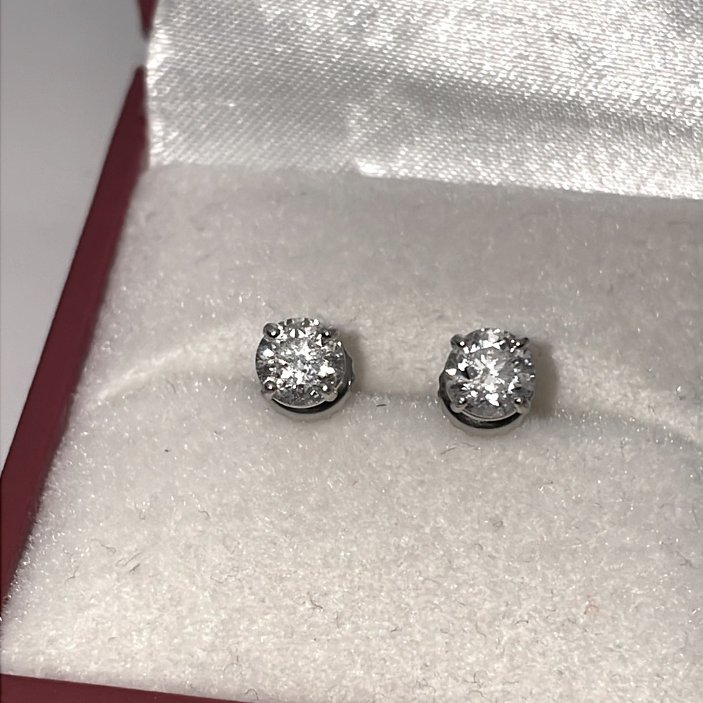 Solid Stamped 14K White Gold Natural 1.00CTW Diamond Stud Earrings Screw Backs - Picture 6 of 14
